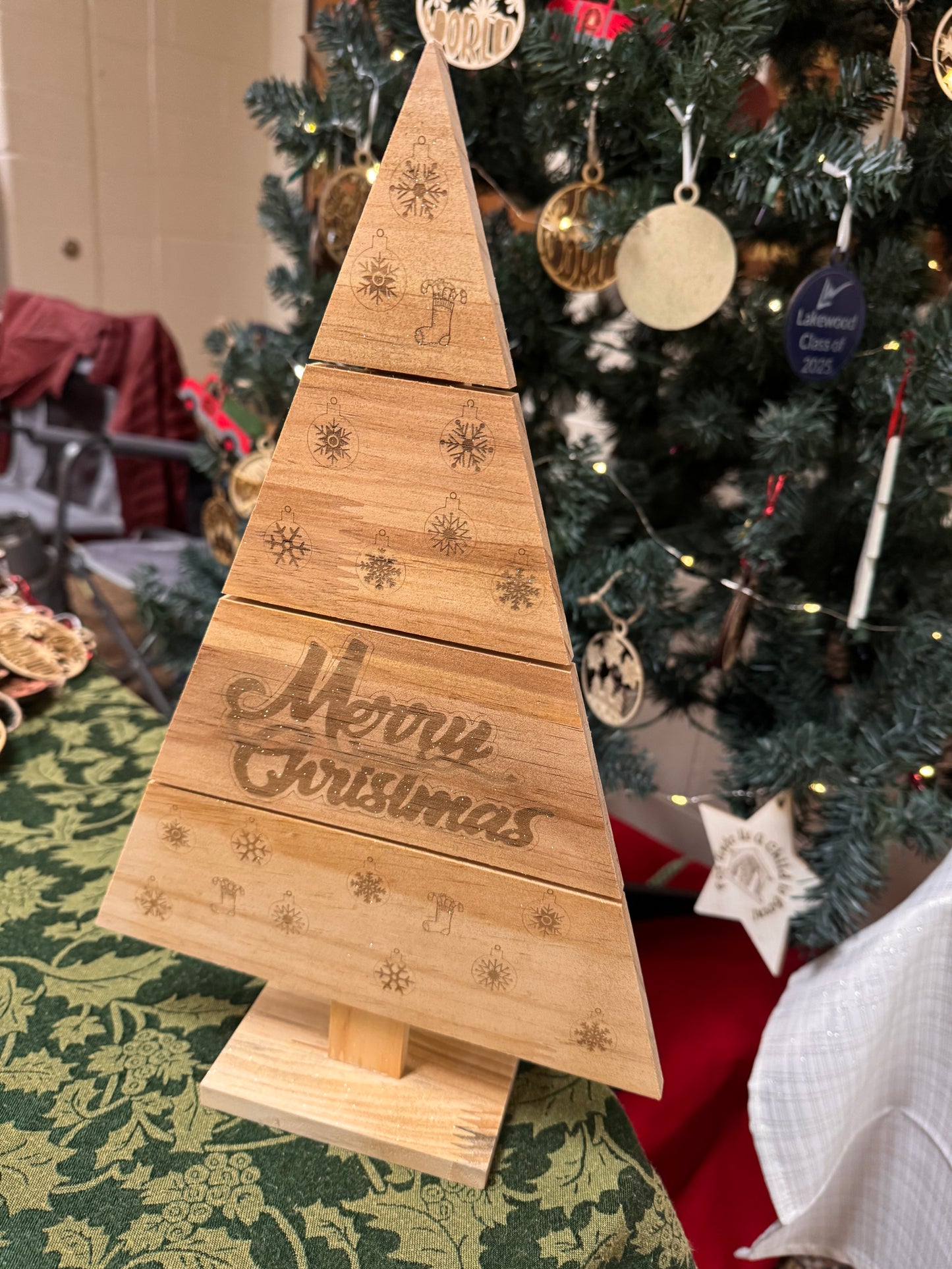 Wood Christmas Tree, Engraved Merry Christmas