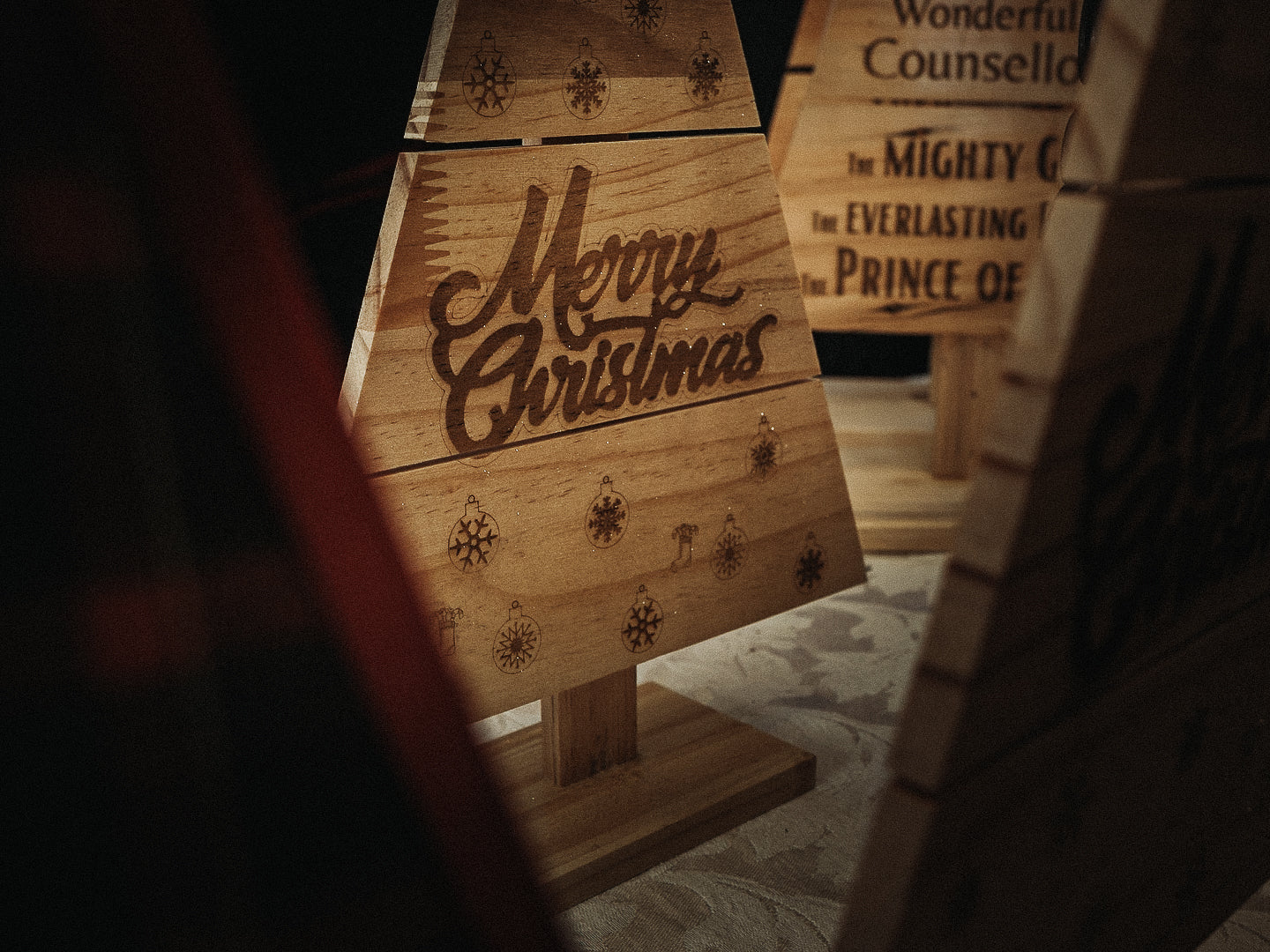 Wood Christmas Tree, Engraved Merry Christmas