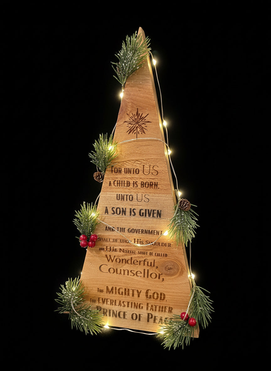 Scripture engraved Wood Christmas Tree, "For Unto Us..."