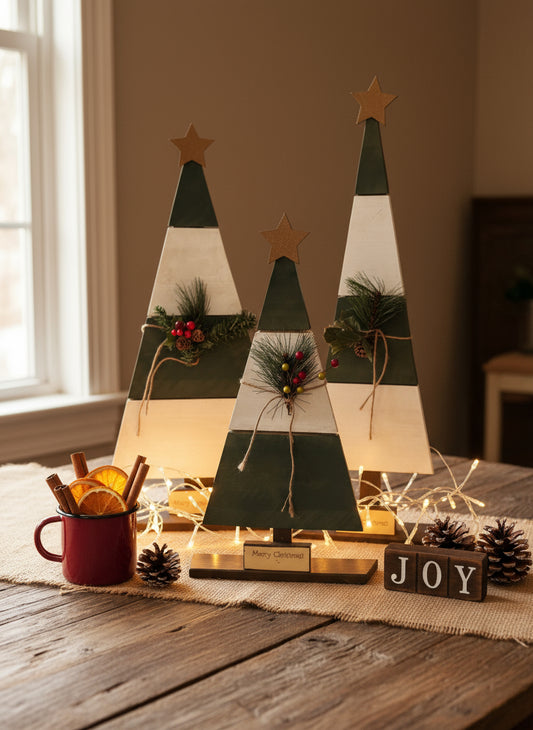 Wood Christmas Trees, Green and White