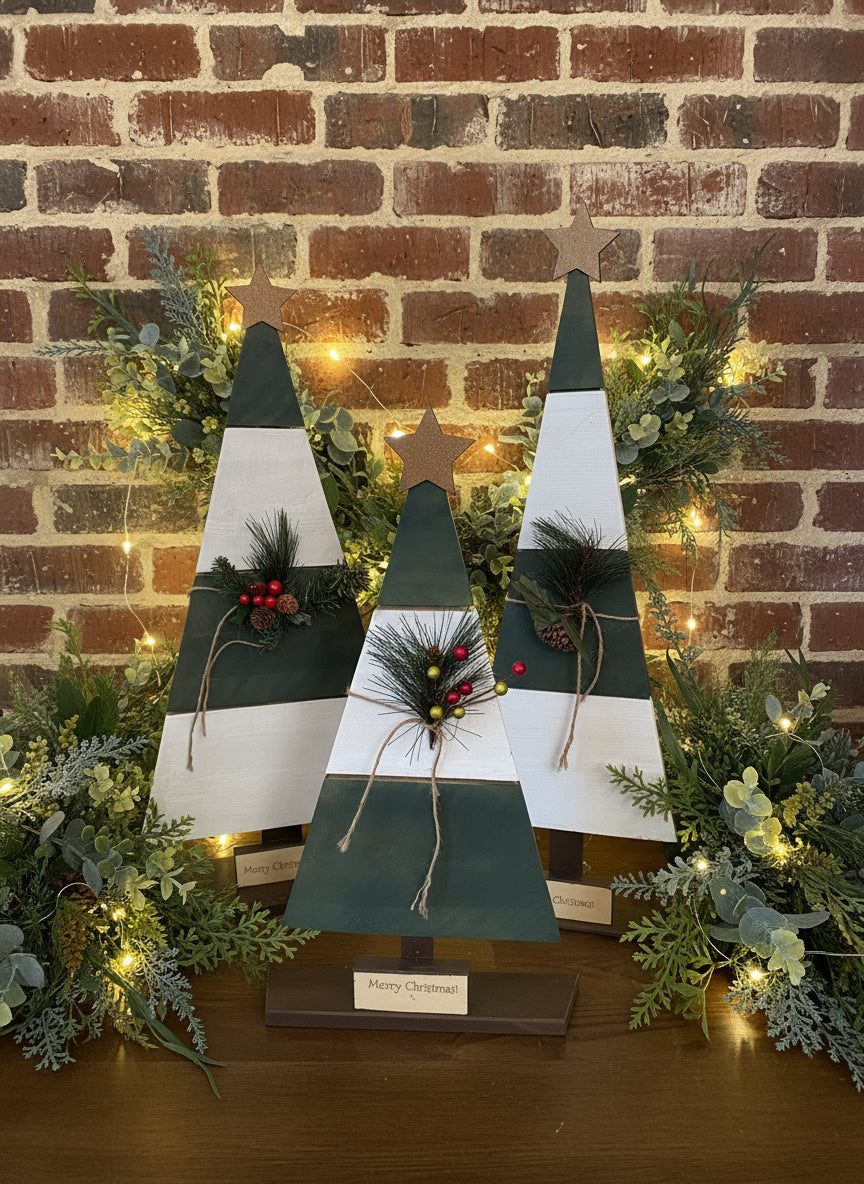 Wood Christmas Trees, Green and White