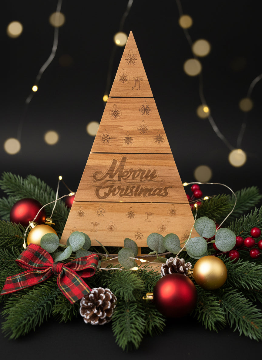 Wood Christmas Tree, Engraved Merry Christmas