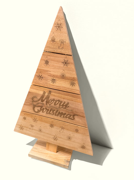 Wood Christmas Tree, Engraved Merry Christmas