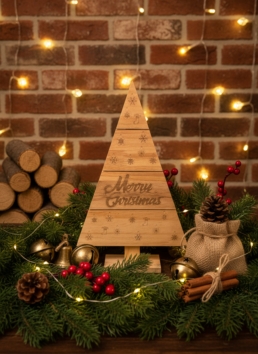 Wood Christmas Tree, Engraved Merry Christmas