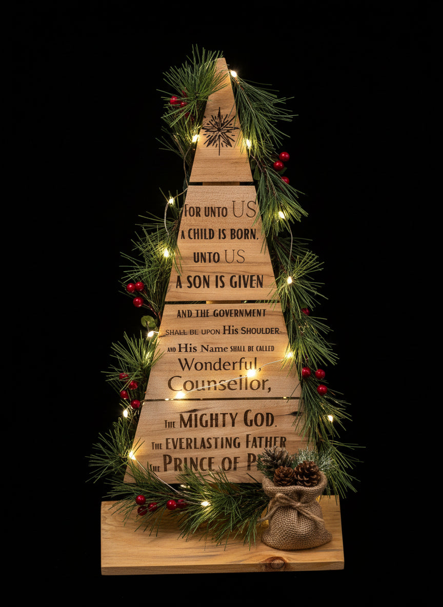 Scripture engraved Wood Christmas Tree, "For Unto Us..."