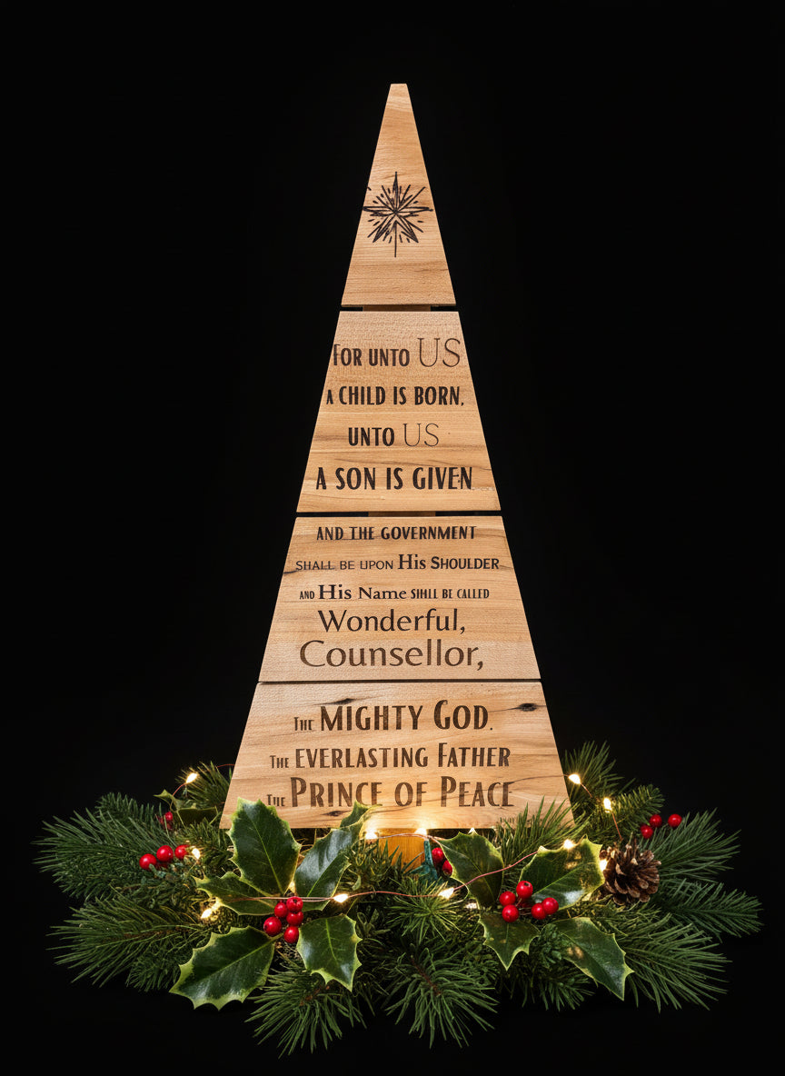 Scripture engraved Wood Christmas Tree, "For Unto Us..."