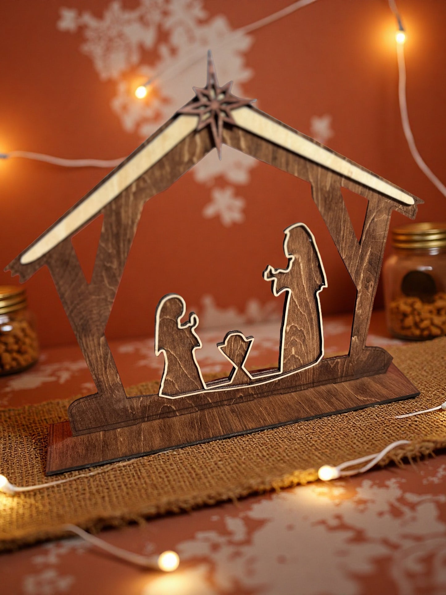 Beautiful wood Nativity Silhouette.
