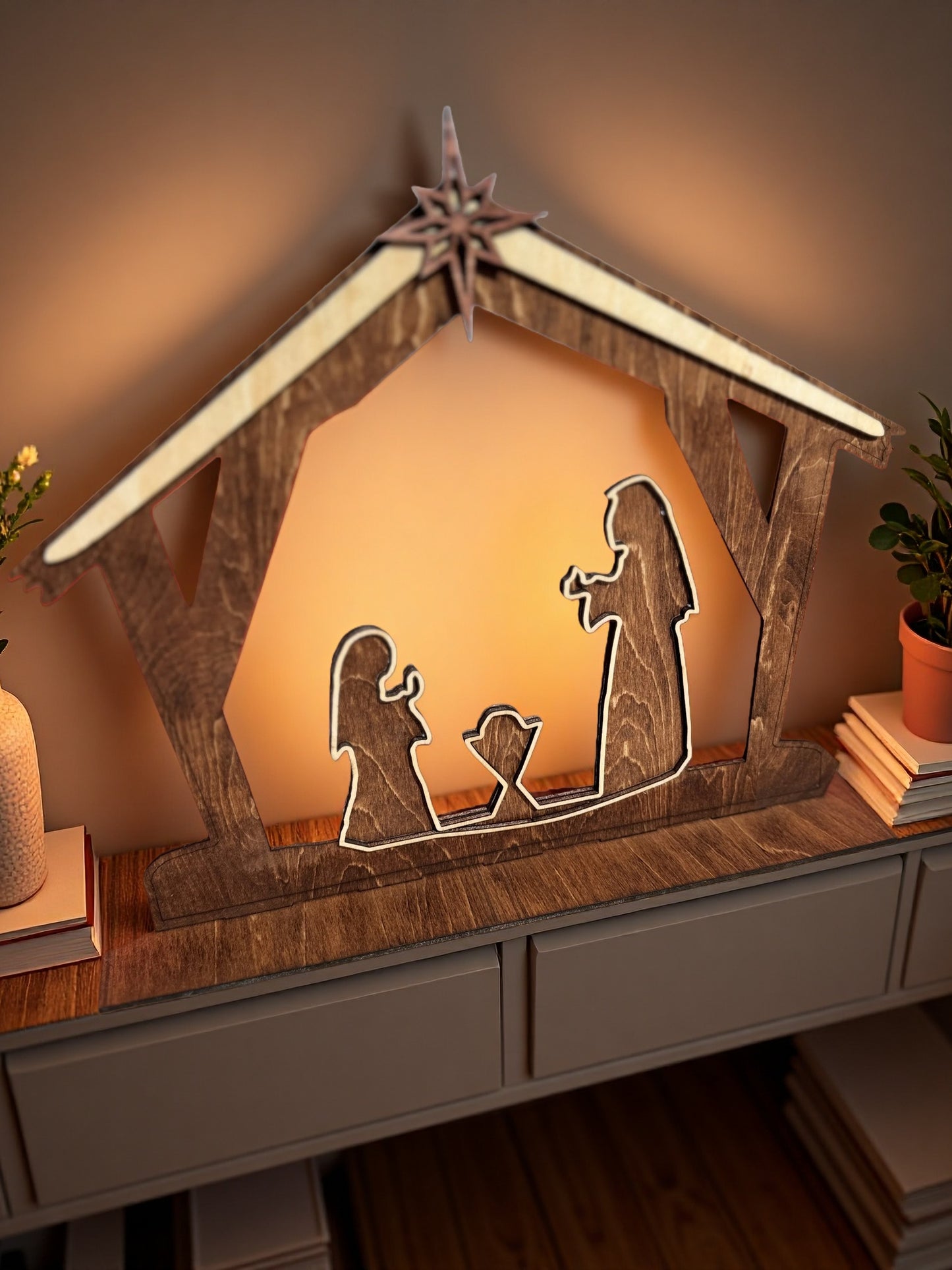 Beautiful wood Nativity Silhouette.