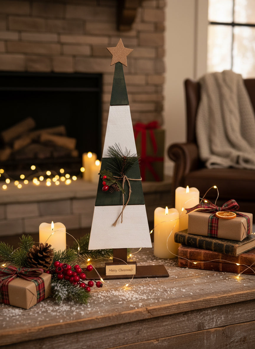 Wood Christmas Trees, Green and White