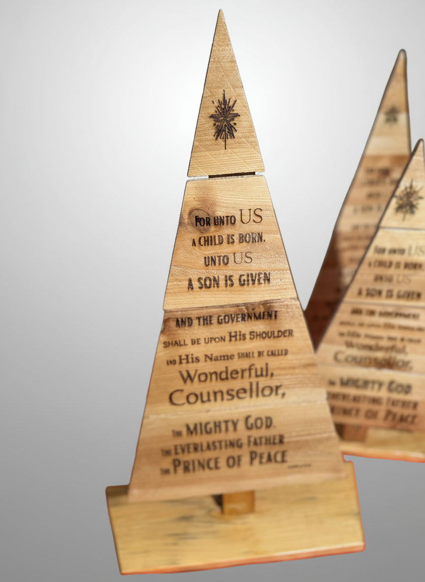 Scripture engraved Wood Christmas Tree, "For Unto Us..."